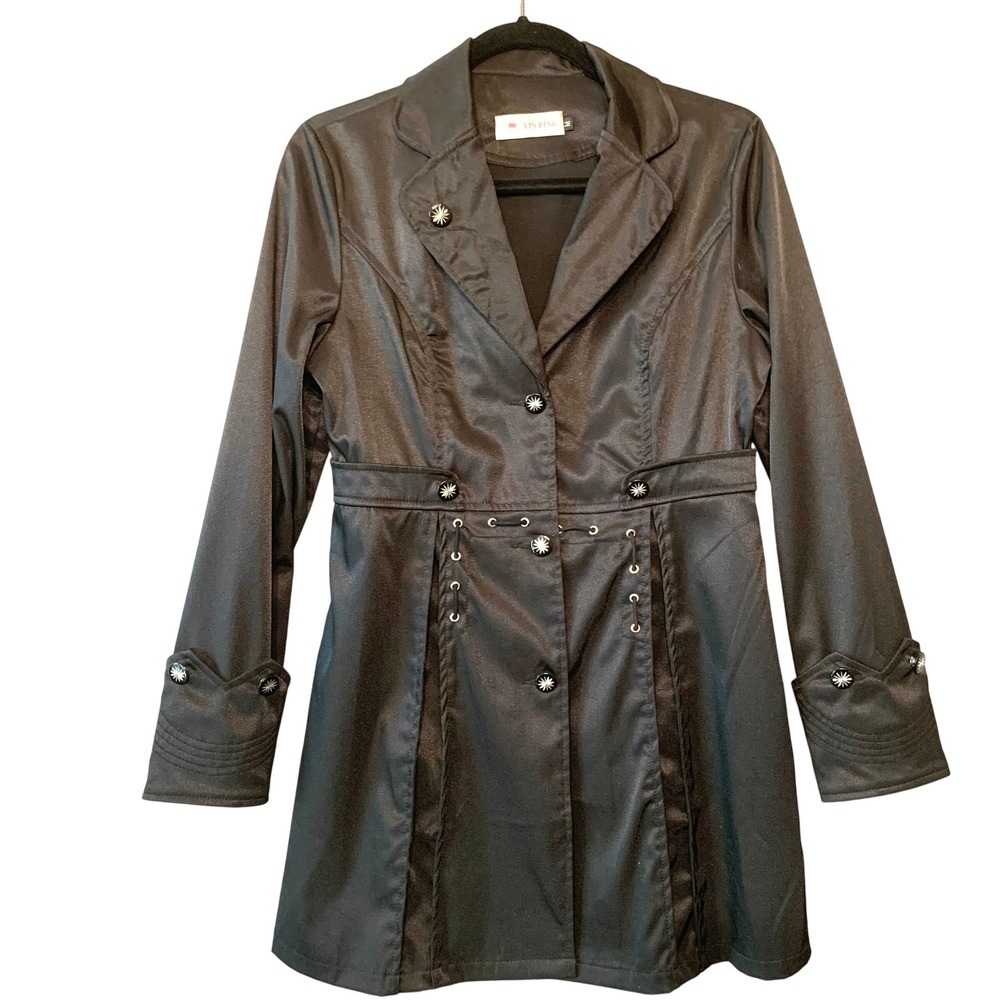YIN PING‎ Black Satin Trench Coat Jacket Blazer Style Women Light Jacket 2008